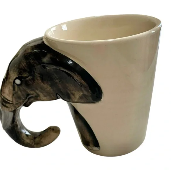 Elephant Head Unique Trunk Handle Ceramic Mug, Made in Thailand, Beige & White. - Picture 2 of 9